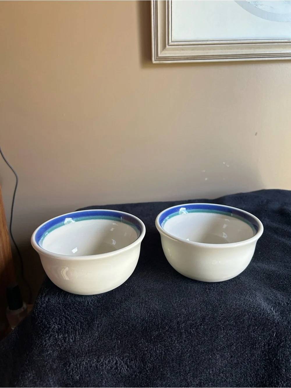 Pfaltzgraff Cream Ceramic Bowls with Blue Rim - Set of 2